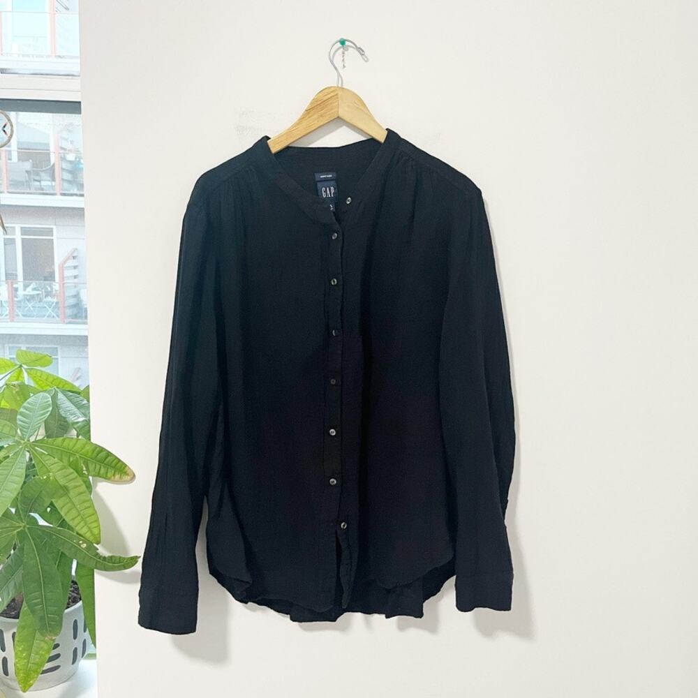 Gap Black Button Up Tie Neck Long Sleeve Blouse Size XXL